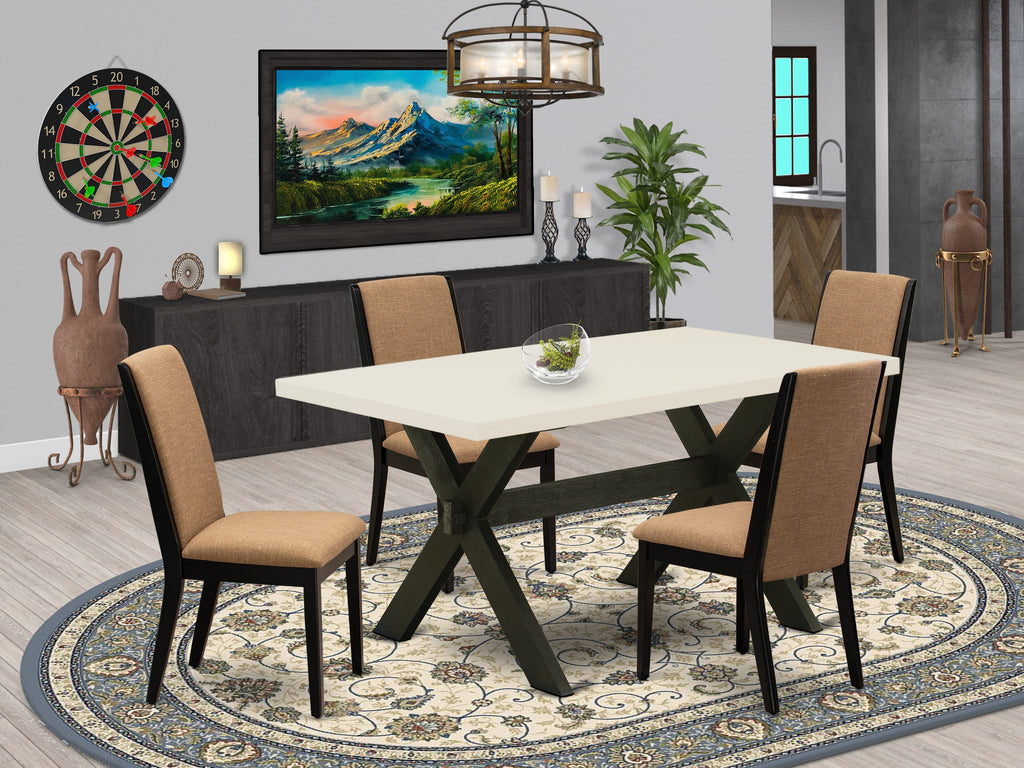 East West Furniture X626LA147-5 5 Piece Dining Room Table Set Includes a Rectangle Kitchen Table with X-Legs and 4 Light Sable Linen Fabric Parsons Dining Chairs, 36x60 Inch, Multi-Color