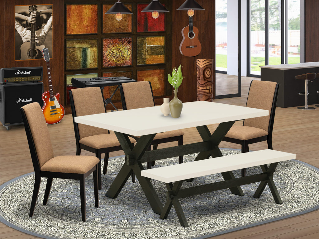 East West Furniture X626LA147-6 6 Piece Kitchen Table Set Contains a Rectangle Dining Table with X-Legs and 4 Light Sable Linen Fabric Parson Chairs with a Bench, 36x60 Inch, Multi-Color