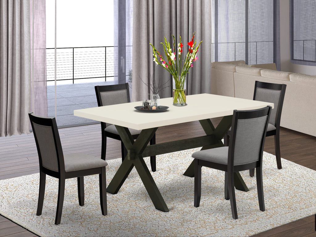 X626MZ150-5 5Pc Dining Room Set - 36x60" Rectangular Table and 4 Parson Dining Chairs - Wirebrushed Black & Linen White Color