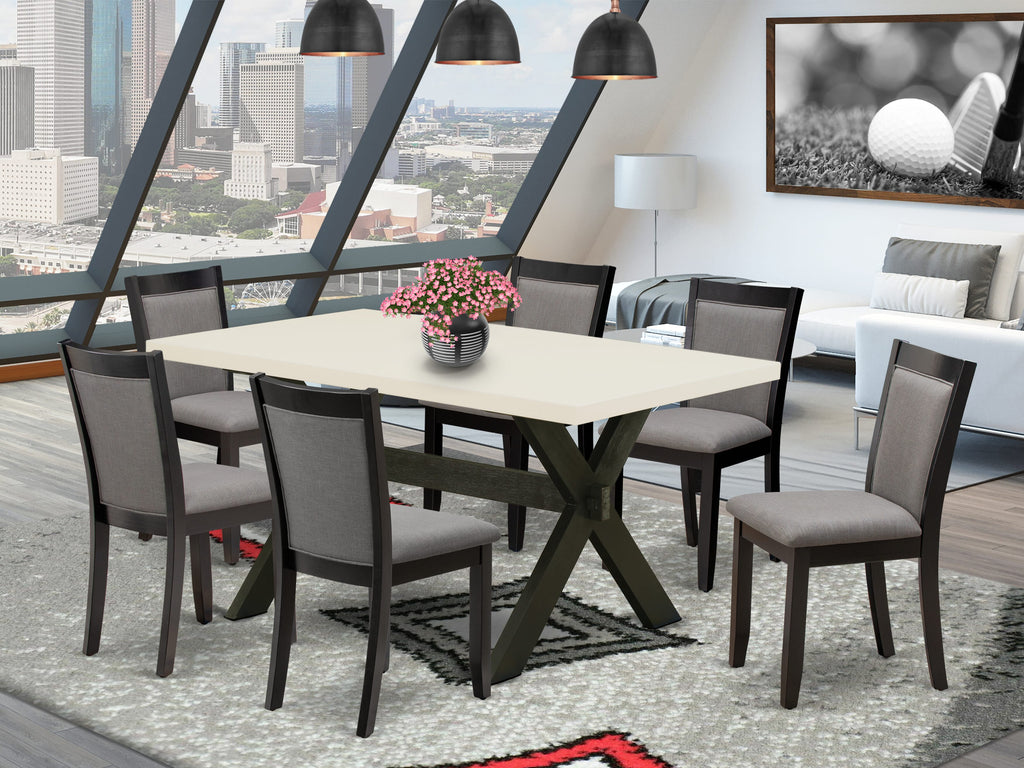 X626MZ150-7 7Pc Dining Room Set - 36x60" Rectangular Table and 6 Parson Dining Chairs - Wirebrushed Black & Linen White Color