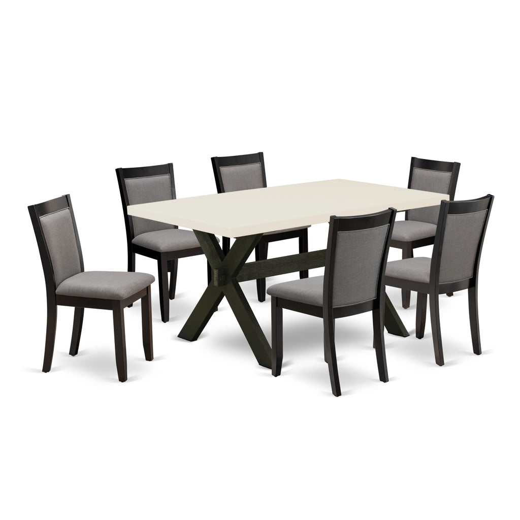 X626MZ150-7 7Pc Dining Room Set - 36x60" Rectangular Table and 6 Parson Dining Chairs - Wirebrushed Black & Linen White Color