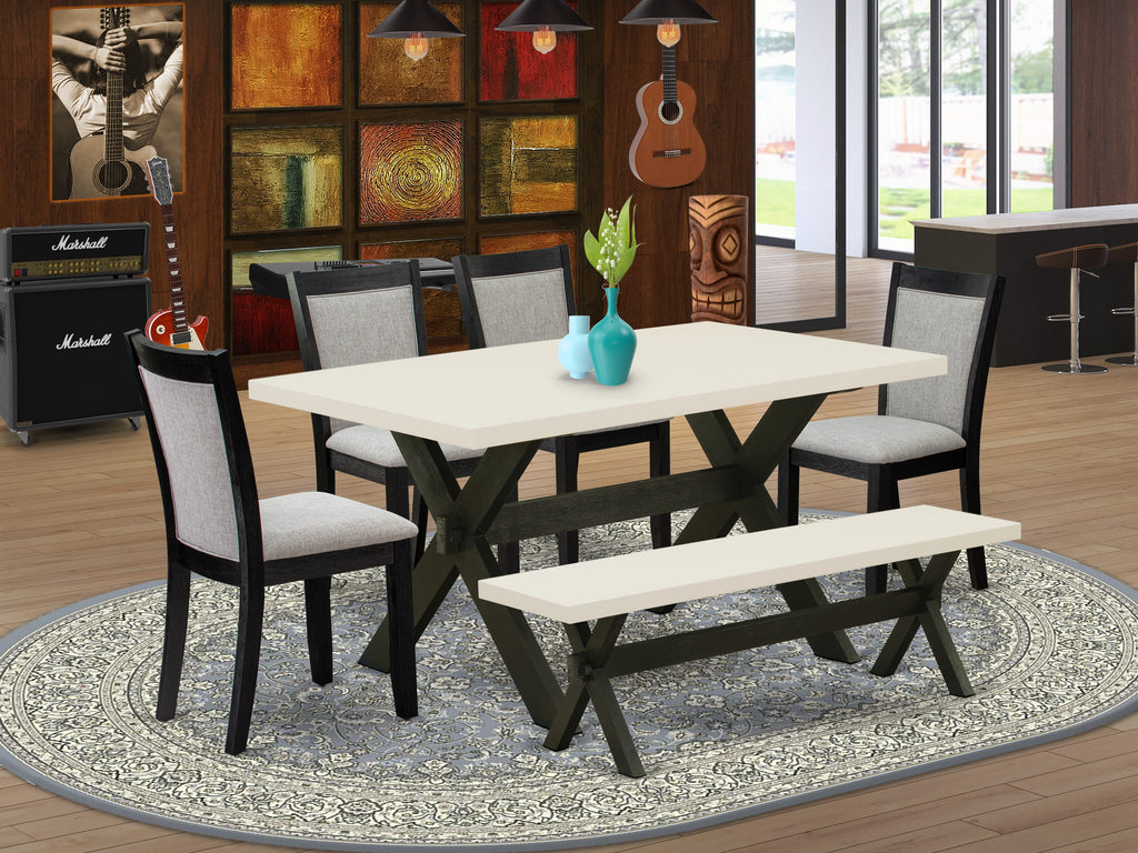 East West Furniture X626MZ606-6 6 Piece Dining Set Contains a Rectangle Dining Room Table with X-Legs and 4 Shitake Linen Fabric Upholstered Chairs with a Bench, 36x60 Inch, Multi-Color