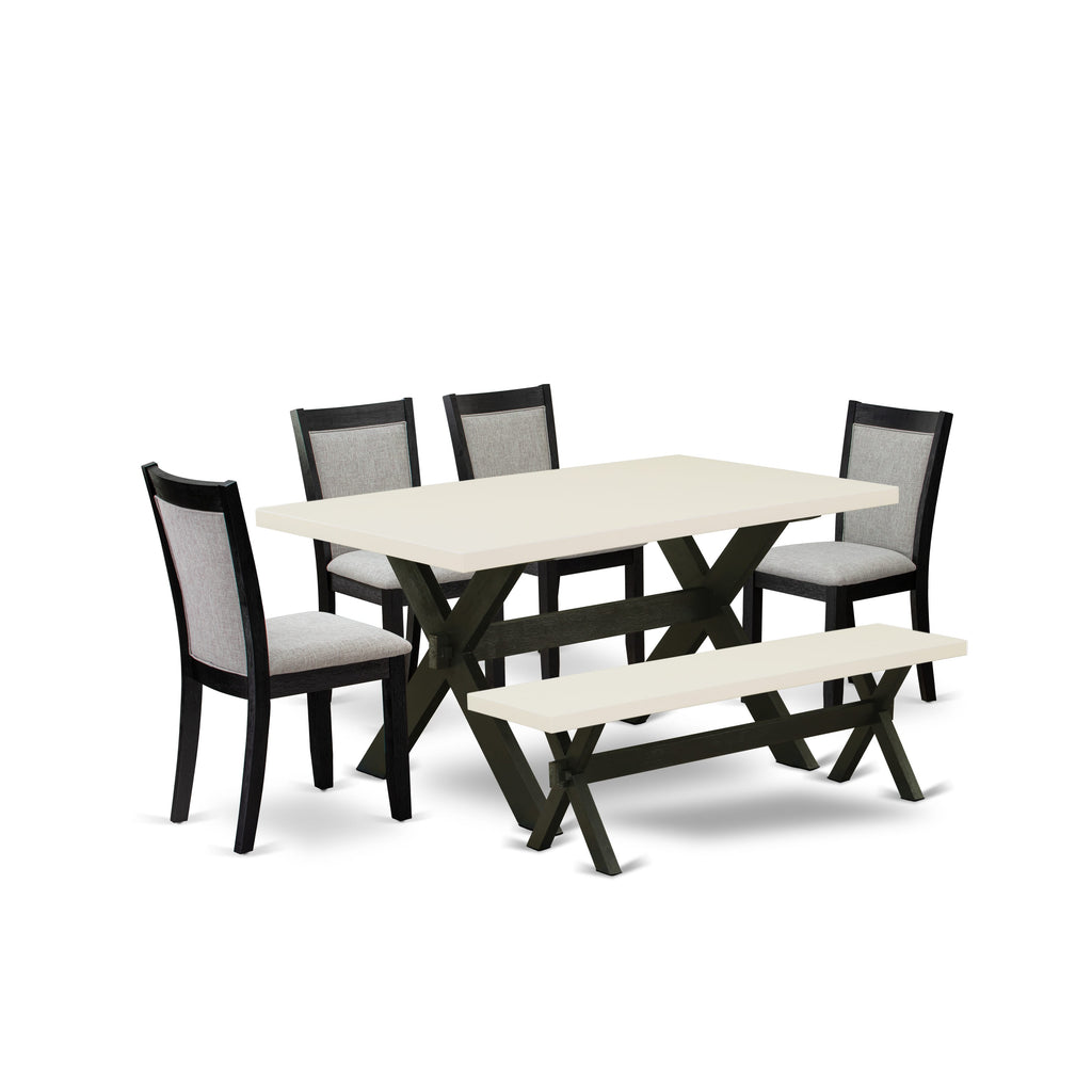East West Furniture X626MZ606-6 6 Piece Dining Set Contains a Rectangle Dining Room Table with X-Legs and 4 Shitake Linen Fabric Upholstered Chairs with a Bench, 36x60 Inch, Multi-Color