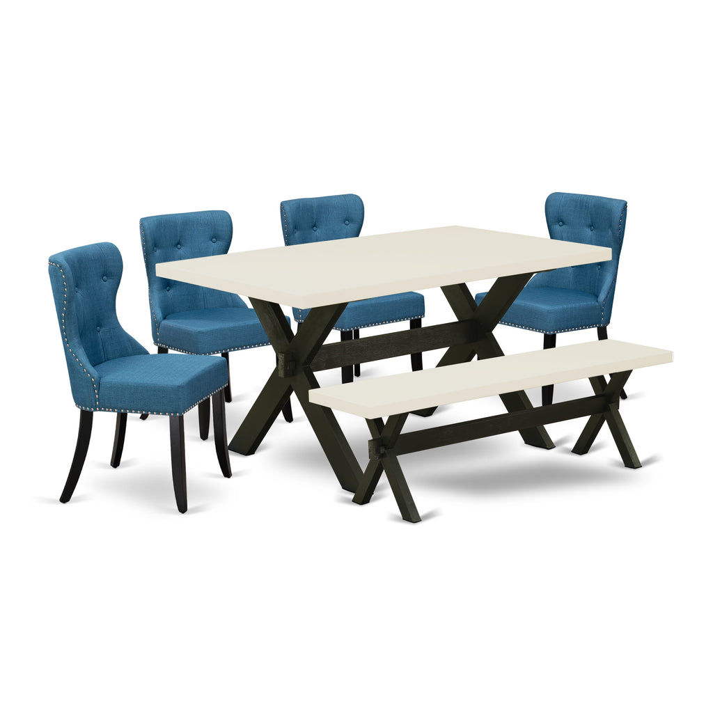 East West Furniture X626SI121-6 6 Piece Kitchen Table Set Contains a Rectangle Dining Table with X-Legs and 4 Blue Linen Fabric Parson Chairs with a Bench, 36x60 Inch, Multi-Color