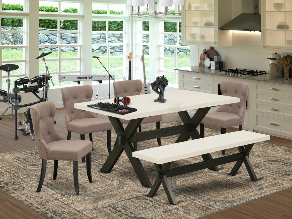 East West Furniture X626SI648-6 6 Piece Dining Room Table Set Contains a Rectangle Dining Table with X-Legs and 4 Coffee Linen Fabric Parson Chairs with a Bench, 36x60 Inch, Multi-Color