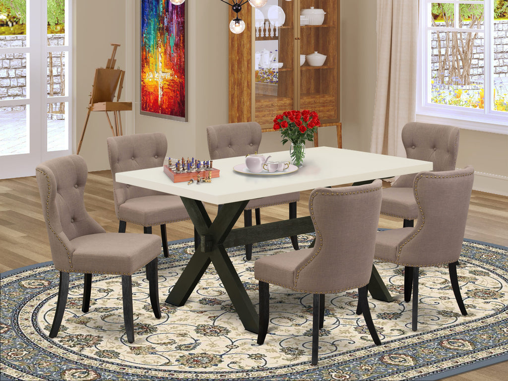 East West Furniture X626SI648-7 7 Piece Dining Set Consist of a Rectangle Dining Room Table with X-Legs and 6 Coffee Linen Fabric Upholstered Parson Chairs, 36x60 Inch, Multi-Color