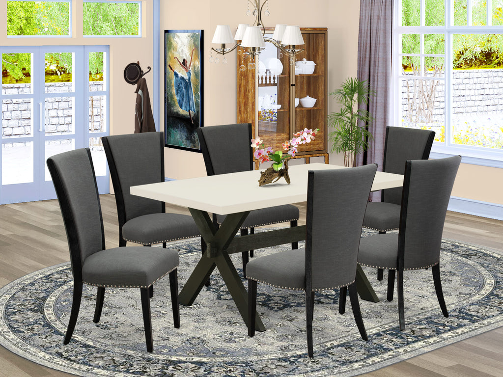 X626VE650-7 7Pc Dining Set - 36x60" Rectangular Table and 6 Parson Chairs - Wirebrushed Black & Linen White Color