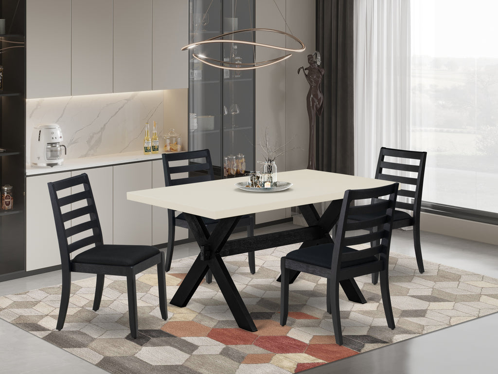 East West Furniture X626X1624-5 - 5-piece dining room set consists of a kitchen table with Linen White top and 4 stackable dining chairs with Black Linen Fabric - Wire-brushed Black