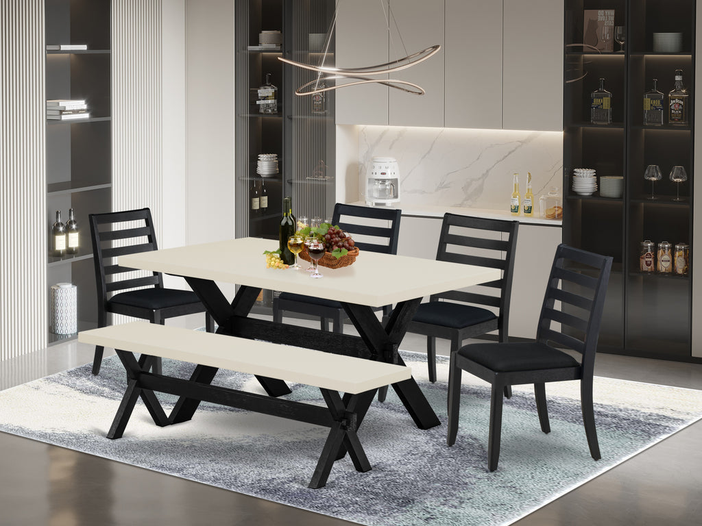 East West Furniture X626X1624-6 - 6-piece dining table set consists of a dinner table and a bench with Linen White top and 4 stackable chairs with Black Linen Fabric - Wire-brushed Black