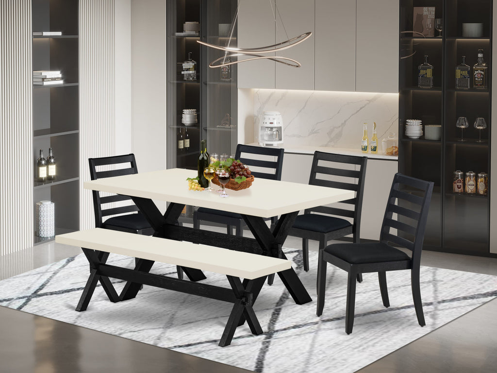 East West Furniture X626X1624-6 - 6-piece dining table set consists of a dinner table and a bench with Linen White top and 4 stackable chairs with Black Linen Fabric - Wire-brushed Black