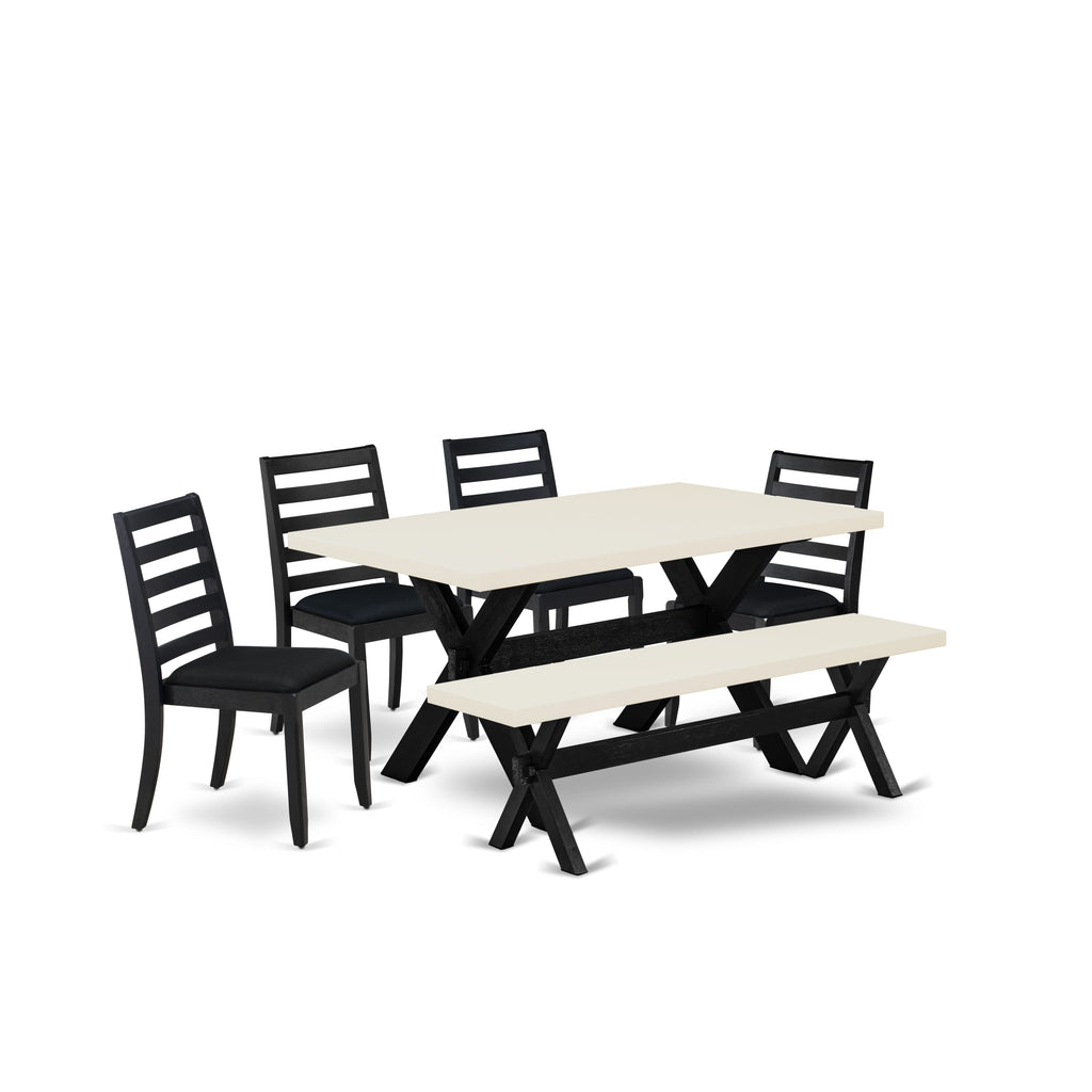 East West Furniture X626X1624-6 - 6-piece dining table set consists of a dinner table and a bench with Linen White top and 4 stackable chairs with Black Linen Fabric - Wire-brushed Black