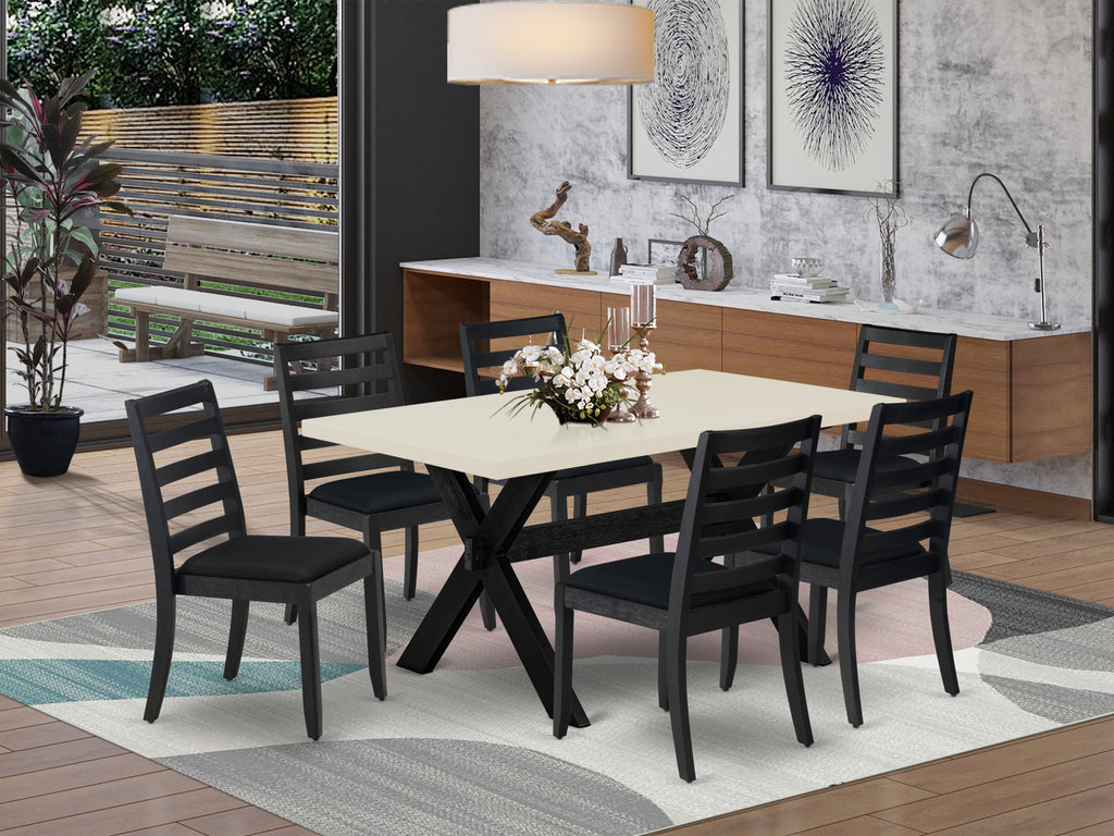 East West Furniture X626X1624-7 - 7-piece kitchen table set consists of a wooden table with Linen White top and 6 stackable chairs with Black Linen Fabric - Wire-brushed Black