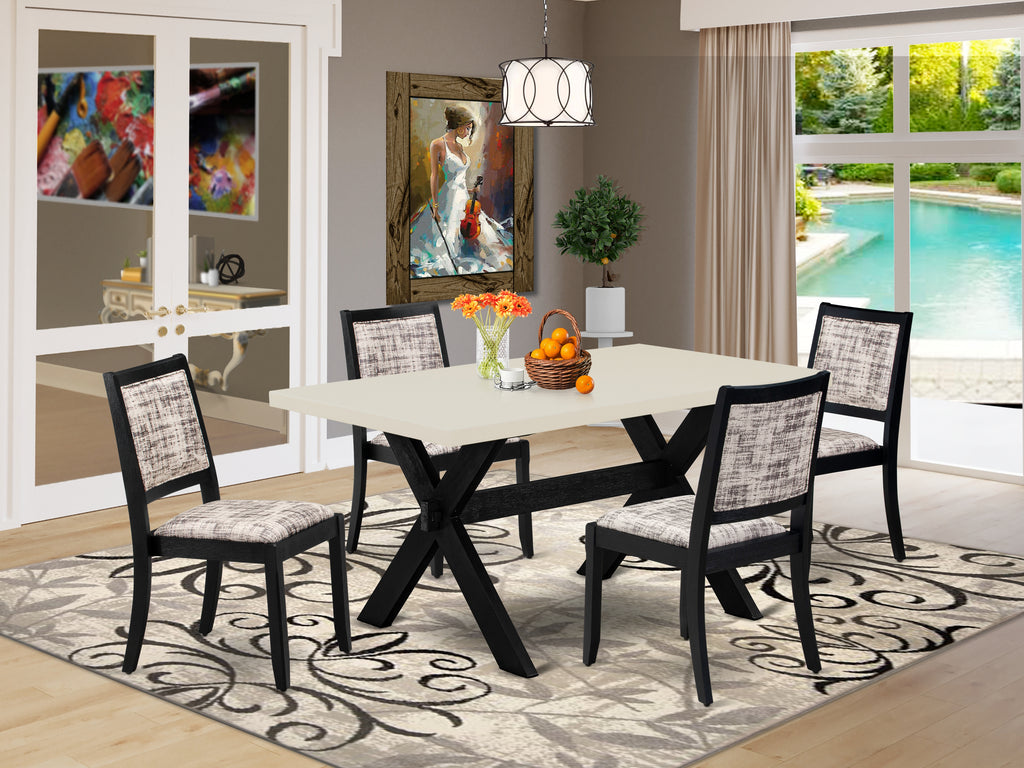 East West Furniture X626X2630-5 - 5-piece dining set consists of a dining table with Linen White top and 4 stackable chairs with White and Gray Pattern Faux Leather - Wire-brushed Black