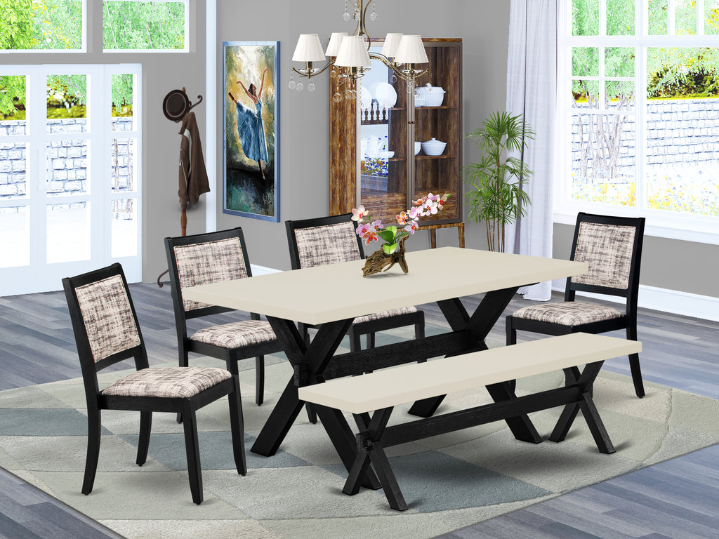 East West Furniture X626X2630-6 - 6-piece dining set consists of a dining table and a bench with Linen White top and 4 stackable chairs with White and Gray Pattern Faux Leather - Wire-brushed Black