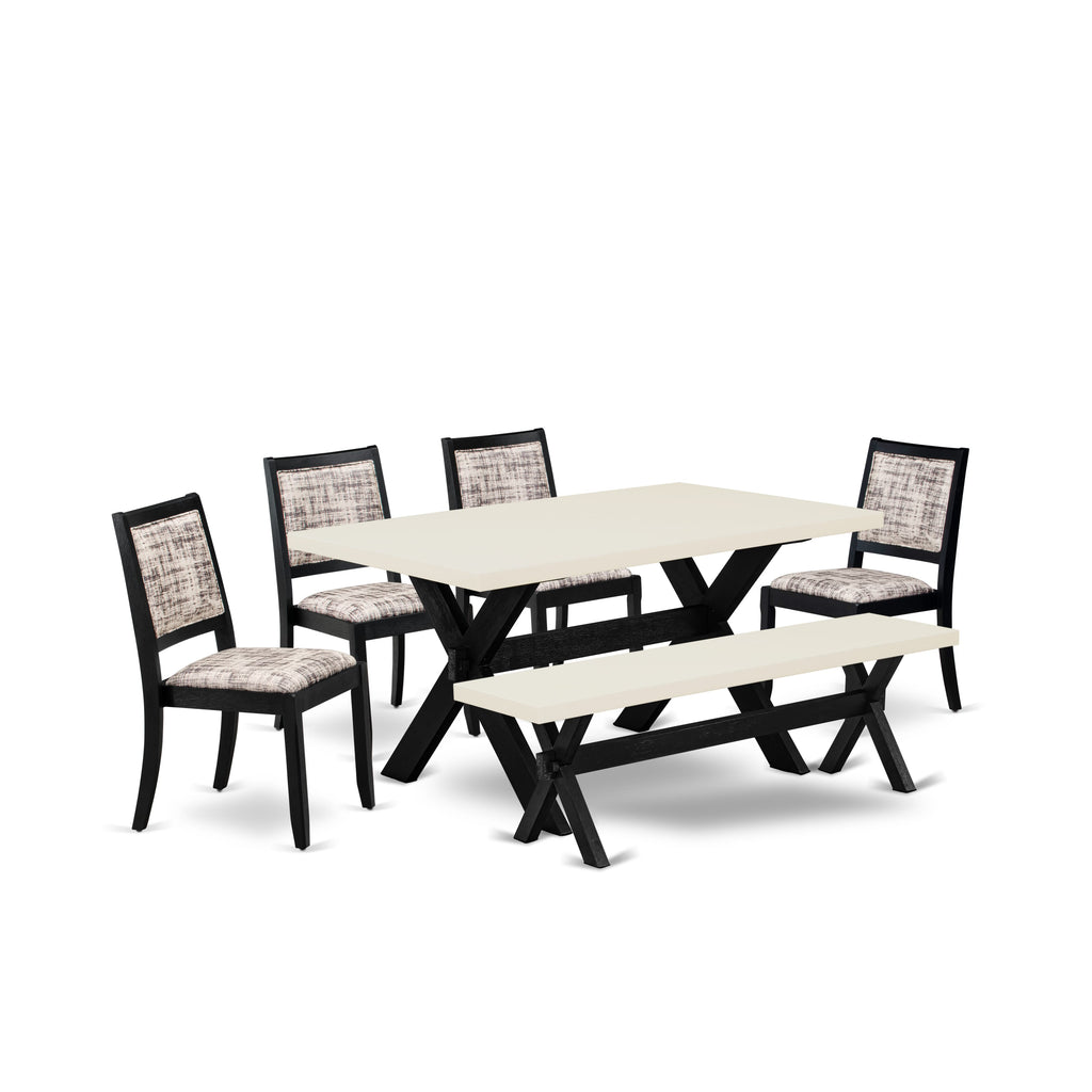 East West Furniture X626X2630-6 - 6-piece dining set consists of a dining table and a bench with Linen White top and 4 stackable chairs with White and Gray Pattern Faux Leather - Wire-brushed Black