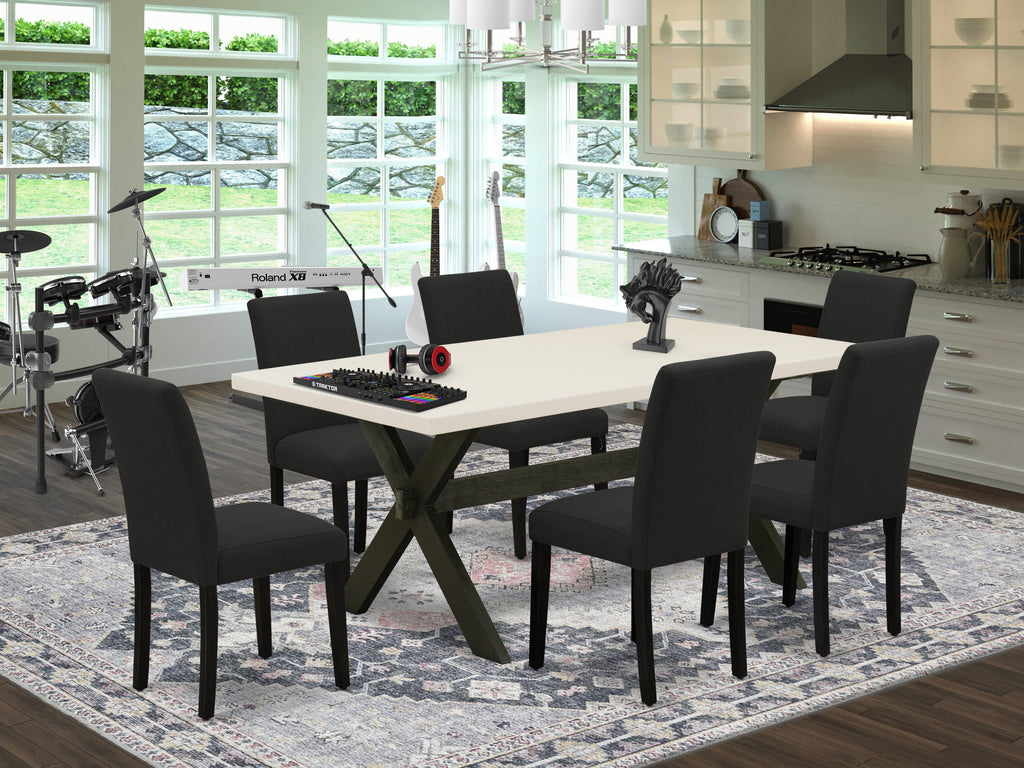 East West Furniture X627AB624-7 7 Piece Dining Room Furniture Set Consist of a Rectangle Dining Table with X-Legs and 6 Black Color Linen Fabric Upholstered Chairs