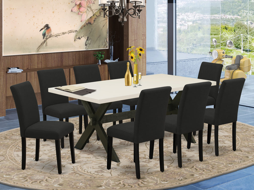 East West Furniture X627AB624-9 9 Piece Dining Set Includes a Rectangle Dining Room Table with X-Legs and 8 Black Color Linen Fabric Upholstered Parson Chairs