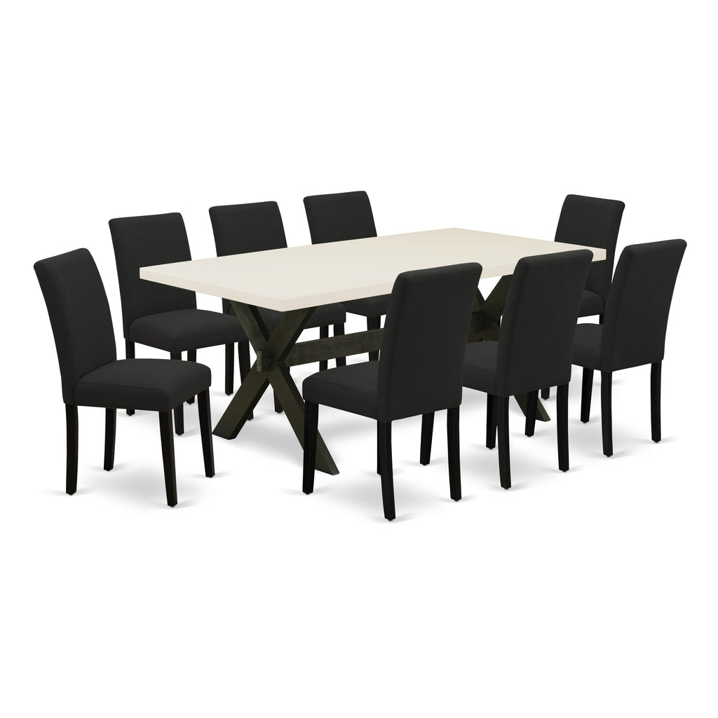 East West Furniture X627AB624-9 9 Piece Dining Set Includes a Rectangle Dining Room Table with X-Legs and 8 Black Color Linen Fabric Upholstered Parson Chairs