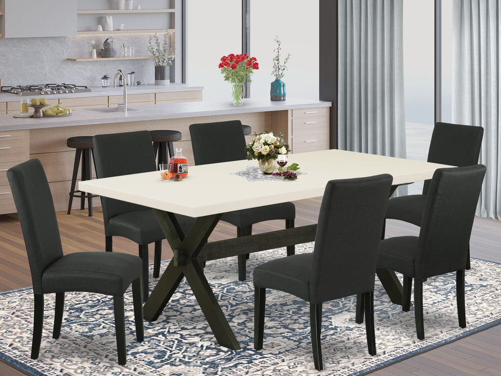 East West Furniture X627DR124-7 7 Piece Dining Room Furniture Set Consist of a Rectangle Dining Table with X-Legs and 6 Black Color Linen Fabric Upholstered Chairs