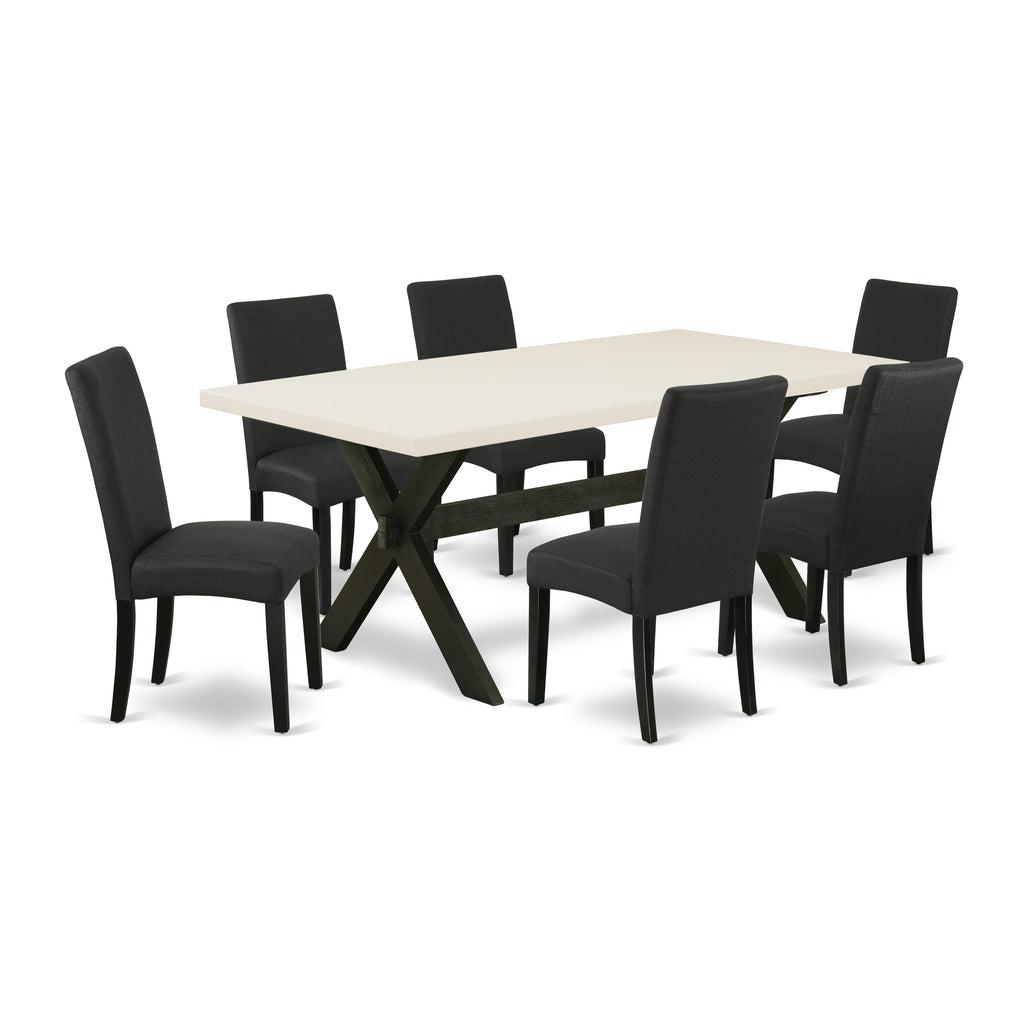 East West Furniture X627DR124-7 7 Piece Dining Room Furniture Set Consist of a Rectangle Dining Table with X-Legs and 6 Black Color Linen Fabric Upholstered Chairs