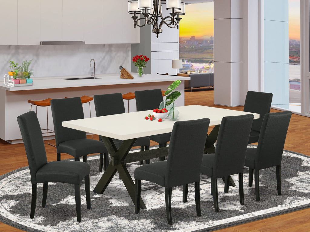 East West Furniture X627DR124-9 9 Piece Modern Dining Table Set Includes a Rectangle Wooden Table with X-Legs and 8 Black Color Linen Fabric Parsons Dining Chairs