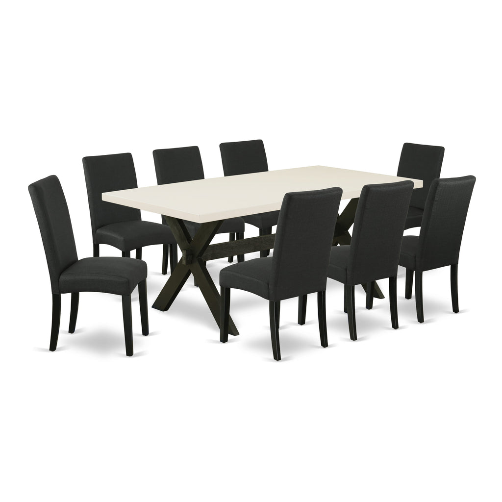 East West Furniture X627DR124-9 9 Piece Modern Dining Table Set Includes a Rectangle Wooden Table with X-Legs and 8 Black Color Linen Fabric Parsons Dining Chairs