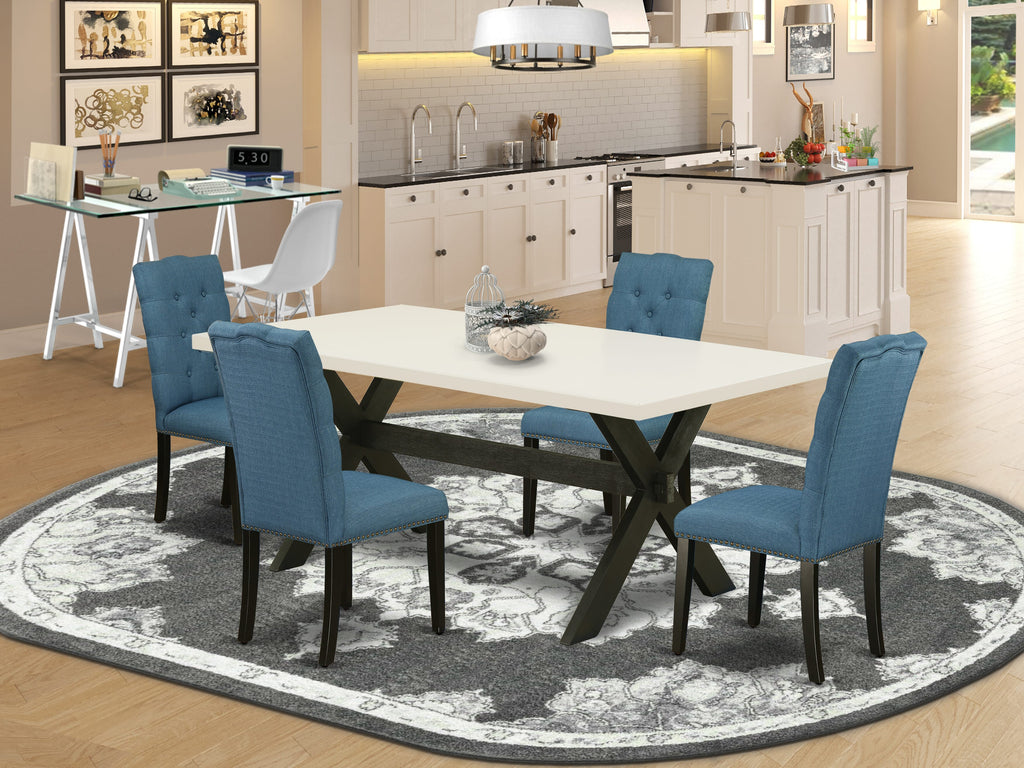 East West Furniture X627EL121-5 5 Piece Dining Table Set for 4 Includes a Rectangle Kitchen Table with X-Legs and 4 Blue Linen Fabric Parson Dining Room Chairs