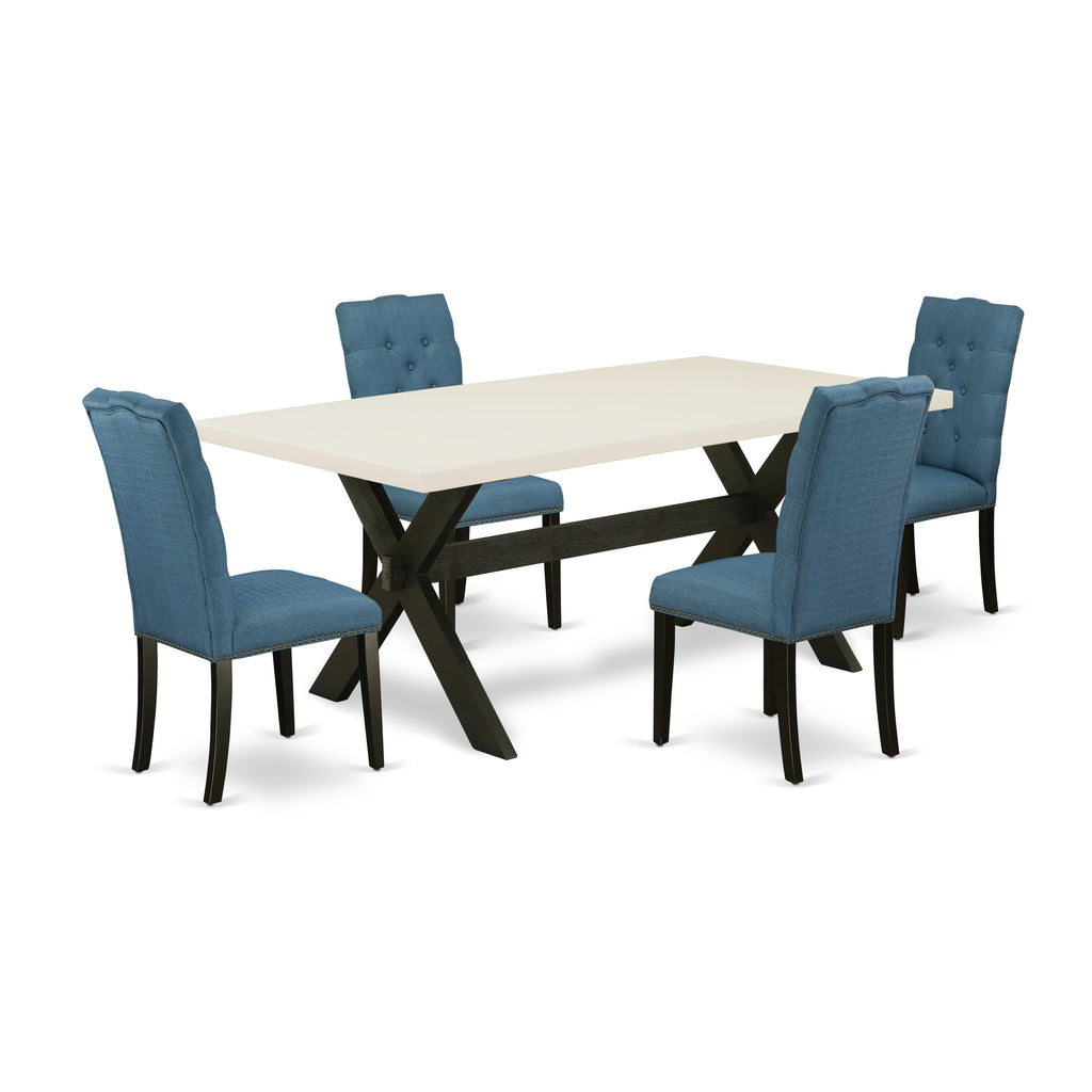 East West Furniture X627EL121-5 5 Piece Dining Table Set for 4 Includes a Rectangle Kitchen Table with X-Legs and 4 Blue Linen Fabric Parson Dining Room Chairs