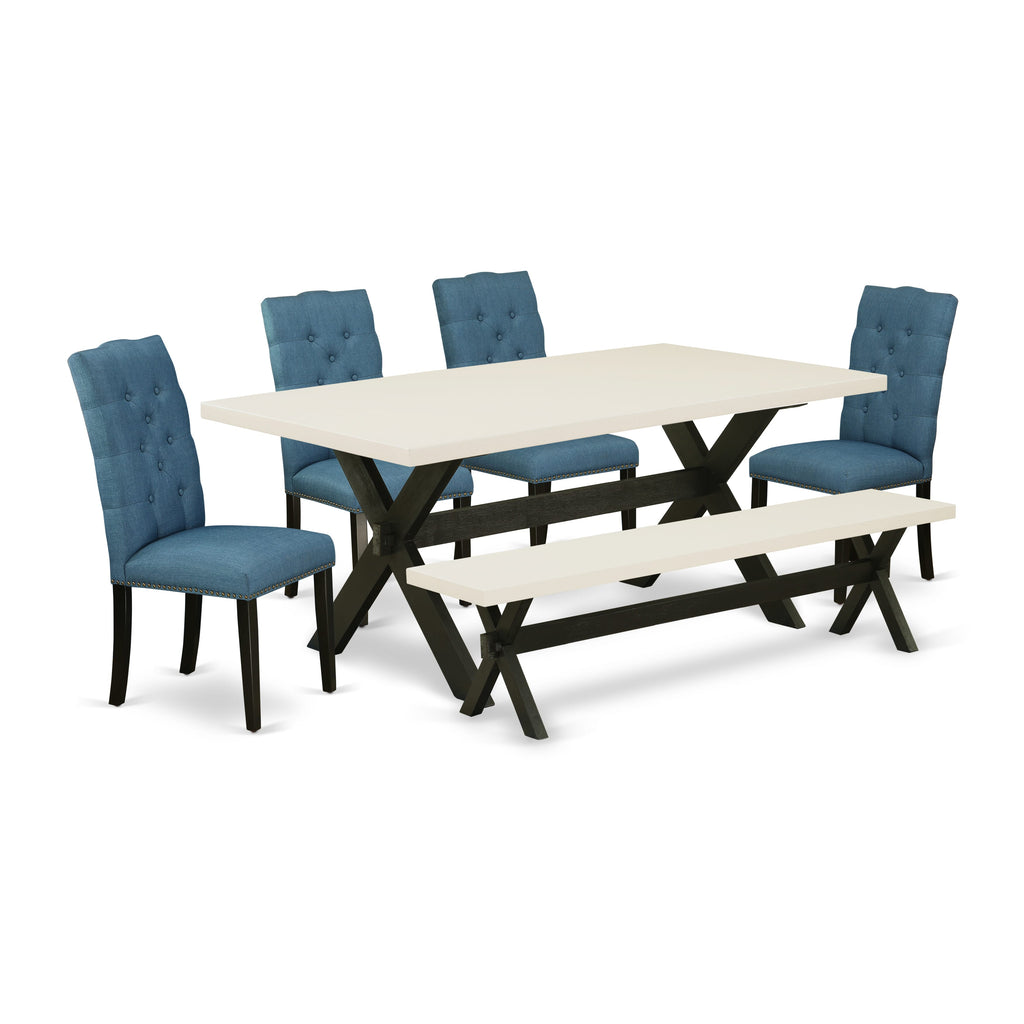 East West Furniture X627EL121-6 6 Piece Dinette Set Contains a Rectangle Dining Room Table with X-Legs and 4 Blue Linen Fabric Parson Chairs with a Bench