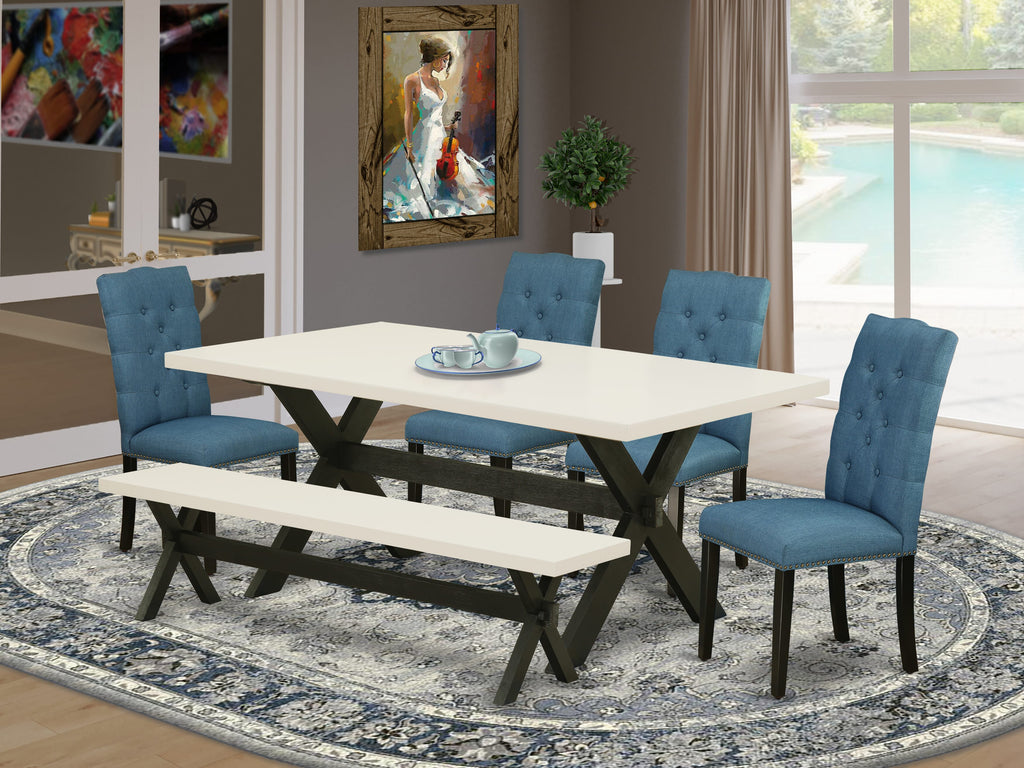 East West Furniture X627EL121-6 6 Piece Dinette Set Contains a Rectangle Dining Room Table with X-Legs and 4 Blue Linen Fabric Parson Chairs with a Bench