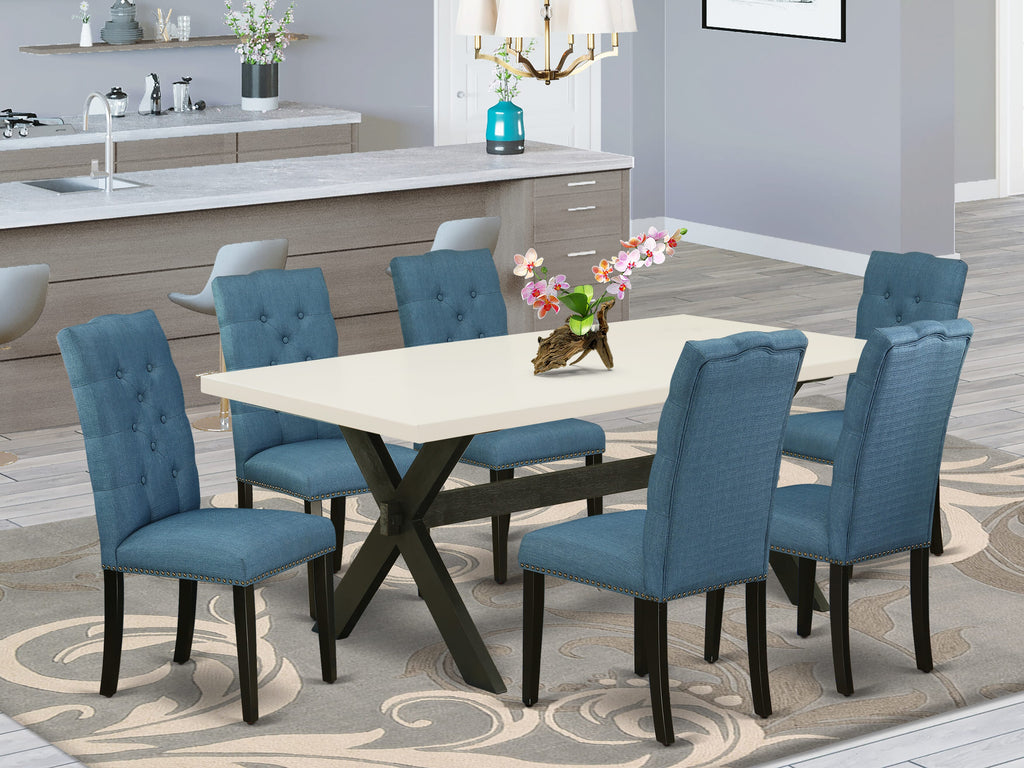 East West Furniture X627EL121-7 7 Piece Dining Room Table Set Consist of a Rectangle Kitchen Table with X-Legs and 6 Blue Linen Fabric Parson Dining Chairs