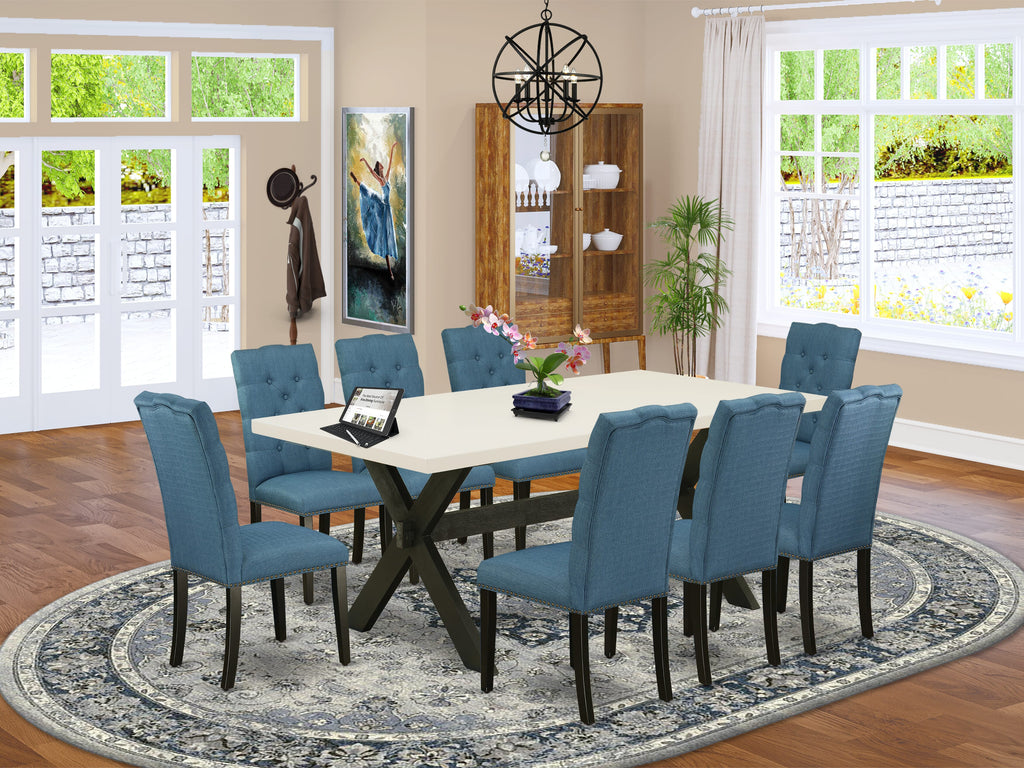 East West Furniture X627EL121-9 9 Piece Dining Room Table Set Includes a Rectangle Dining Table with X-Legs and 8 Blue Linen Fabric Upholstered Parson Chairs