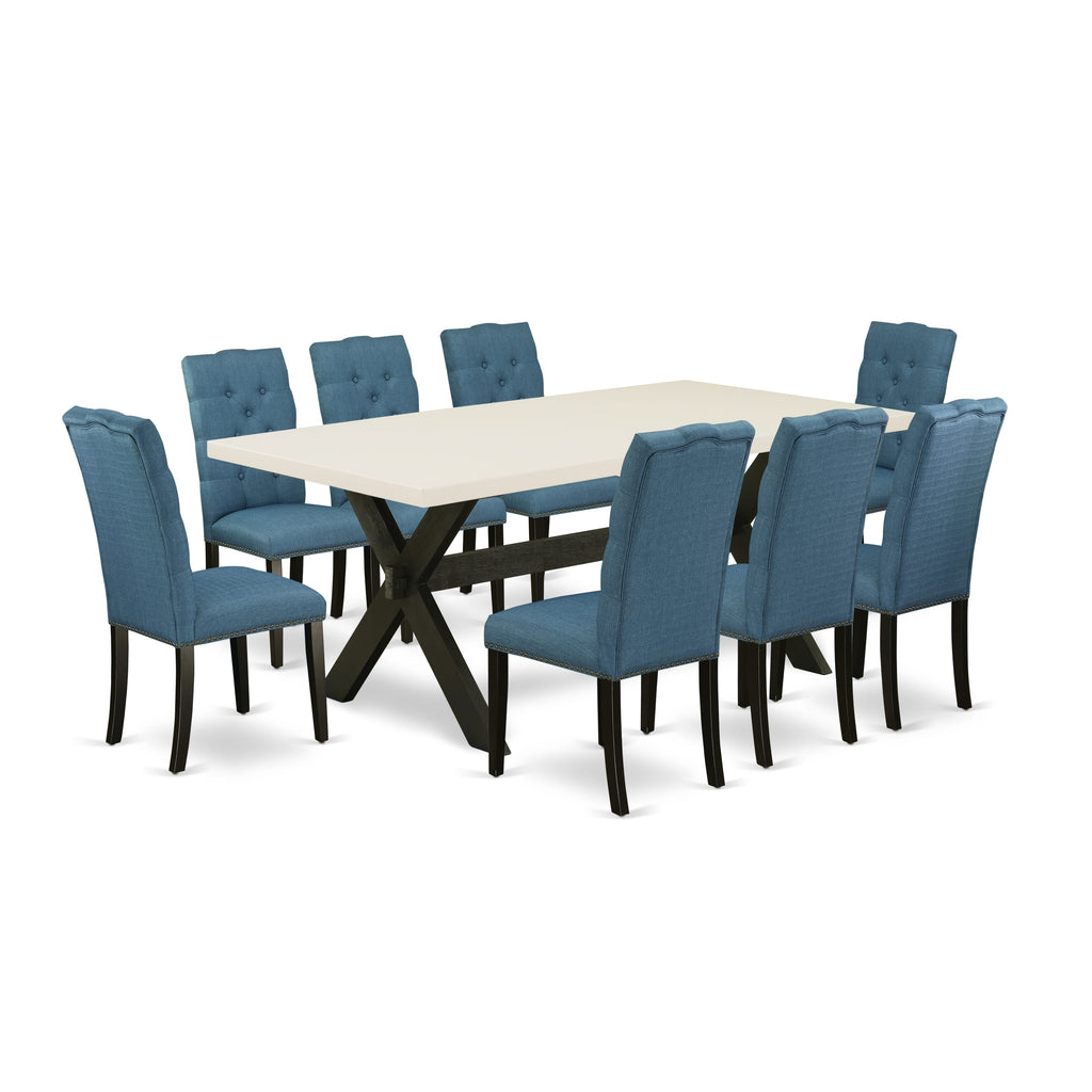 East West Furniture X627EL121-9 9 Piece Dining Room Table Set Includes a Rectangle Dining Table with X-Legs and 8 Blue Linen Fabric Upholstered Parson Chairs