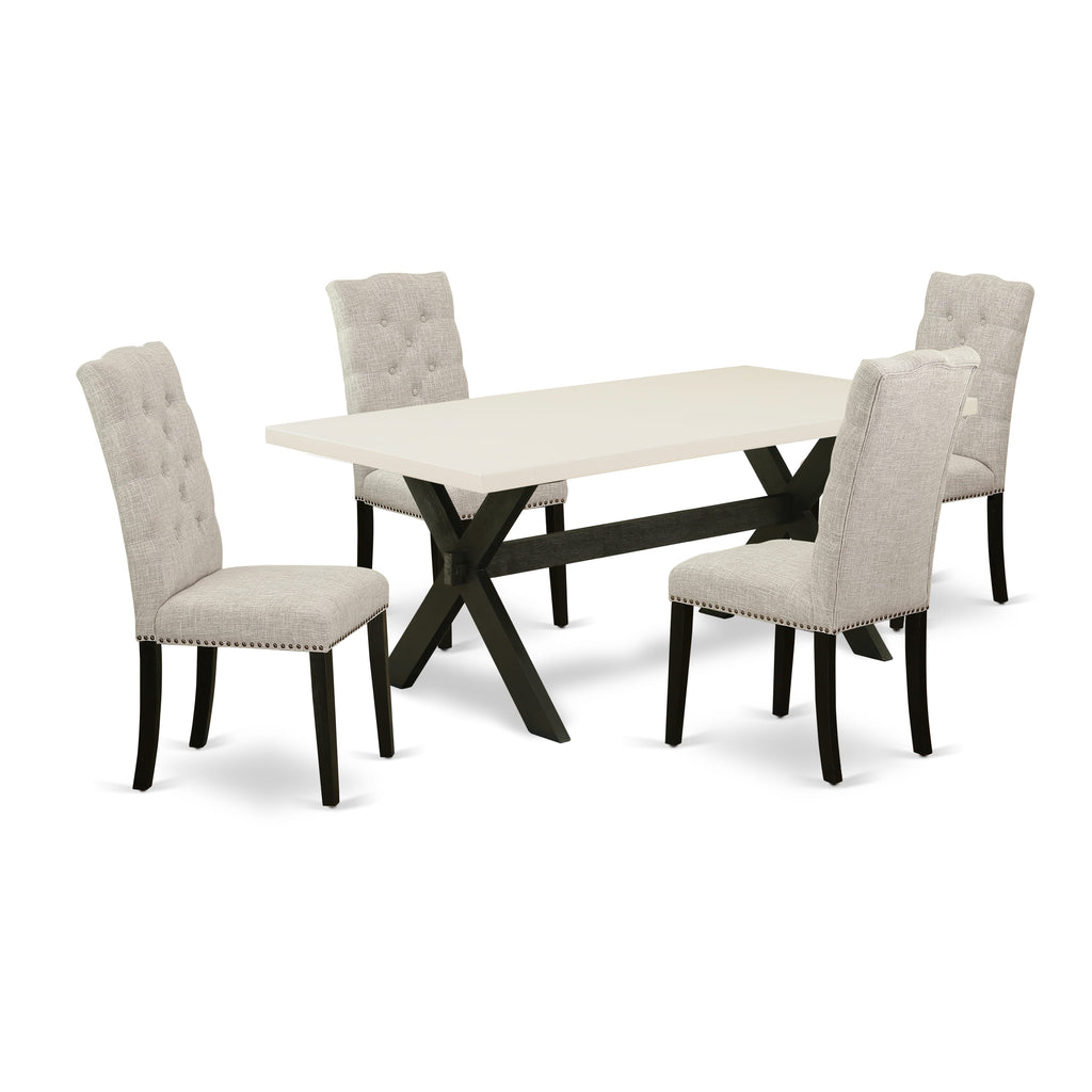 East West Furniture X627EL635-5 5 Piece Dining Room Table Set Includes a Rectangle Dining Table with X-Legs and 4 Doeskin Linen Fabric Upholstered Chairs