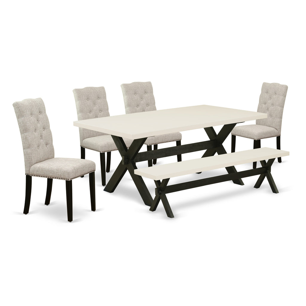 East West Furniture X627EL635-6 6 Piece Dining Table Set Contains a Rectangle Dining Room Table with X-Legs and 4 Doeskin Linen Fabric Parson Chairs with a Bench