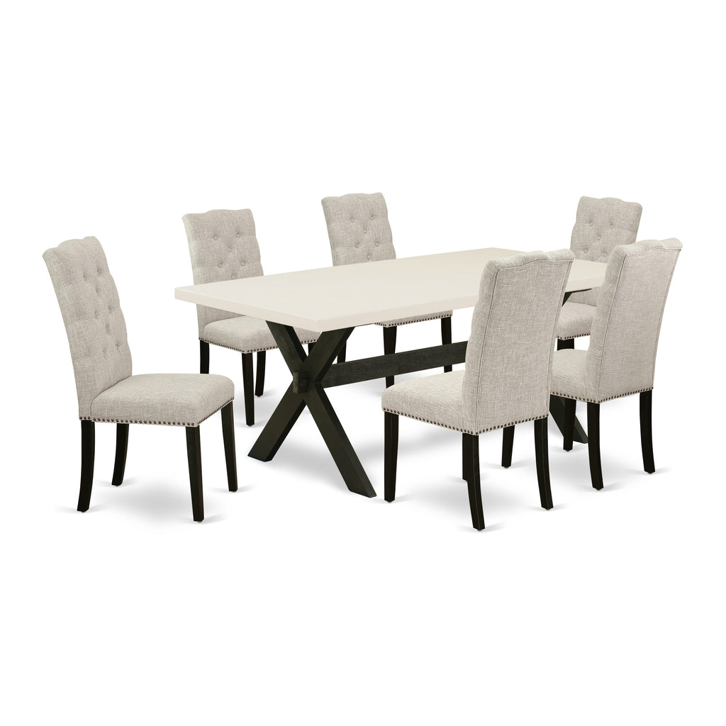 East West Furniture X627EL635-7 7 Piece Dining Table Set Consist of a Rectangle Dining Room Table with X-Legs and 6 Doeskin Linen Fabric Upholstered Chairs