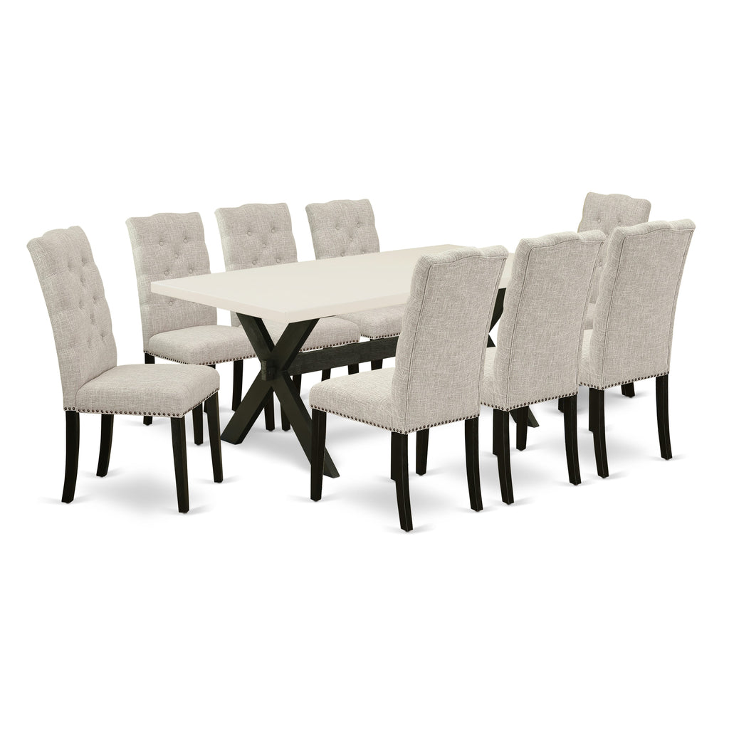 East West Furniture X627EL635-9 9 Piece Dining Room Table Set Includes a Rectangle Dining Table with X-Legs and 8 Doeskin Linen Fabric Upholstered Parson Chairs