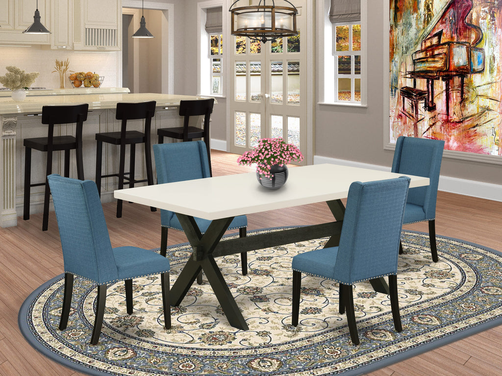 East West Furniture X627FL121-5 5 Piece Dining Table Set for 4 Includes a Rectangle Kitchen Table with X-Legs and 4 Blue Linen Fabric Upholstered Parson Chairs