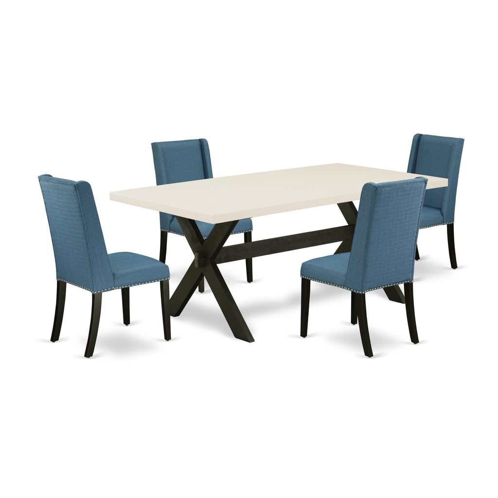 East West Furniture X627FL121-5 5 Piece Dining Table Set for 4 Includes a Rectangle Kitchen Table with X-Legs and 4 Blue Linen Fabric Upholstered Parson Chairs