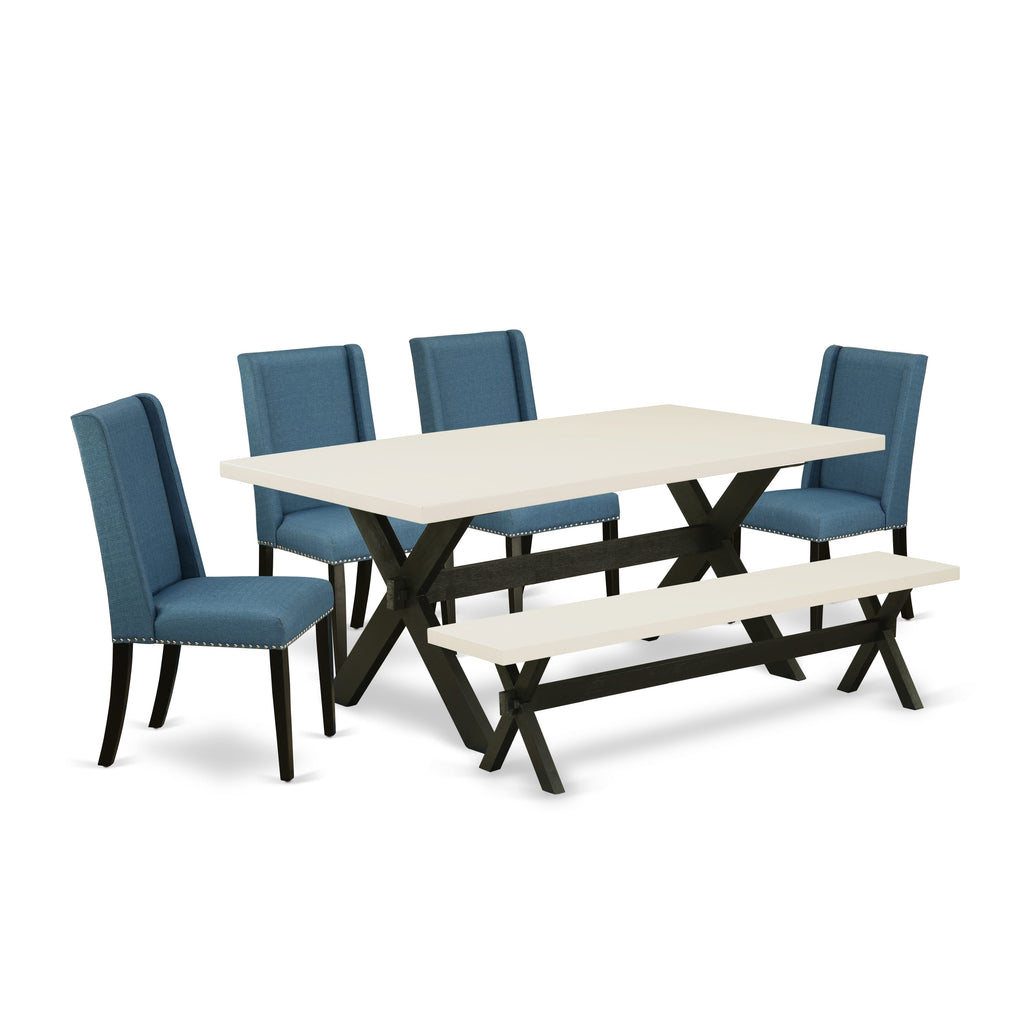 East West Furniture X627FL121-6 6 Piece Dining Set Contains a Rectangle Dining Room Table with X-Legs and 4 Blue Linen Fabric Parson Chairs with a Bench