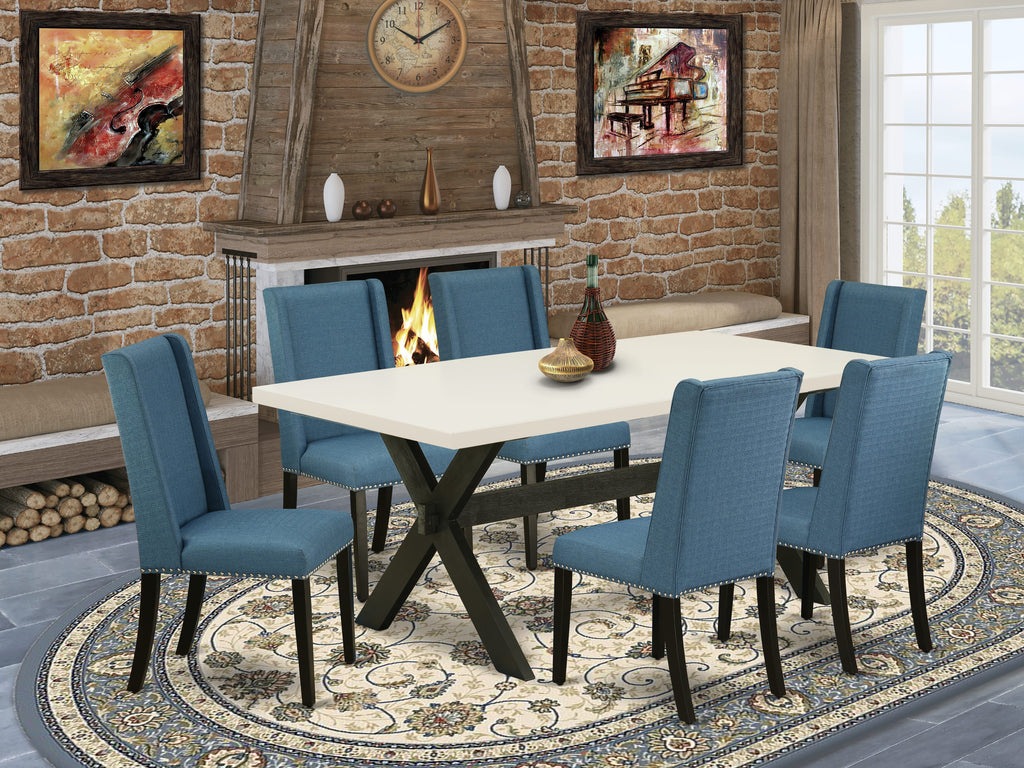 East West Furniture X627FL121-7 7 Piece Kitchen Table Set Consist of a Rectangle Dining Table with X-Legs and 6 Blue Linen Fabric Parsons Dining Chairs