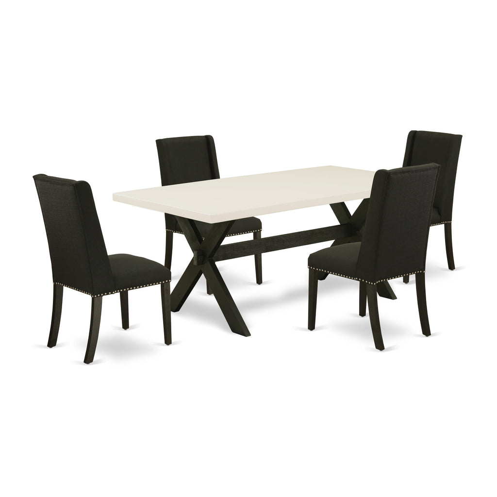 East West Furniture X627FL624-5 5 Piece Dining Set Includes a Rectangle Dining Room Table with X-Legs and 4 Black Linen Fabric Upholstered Parson Chairs