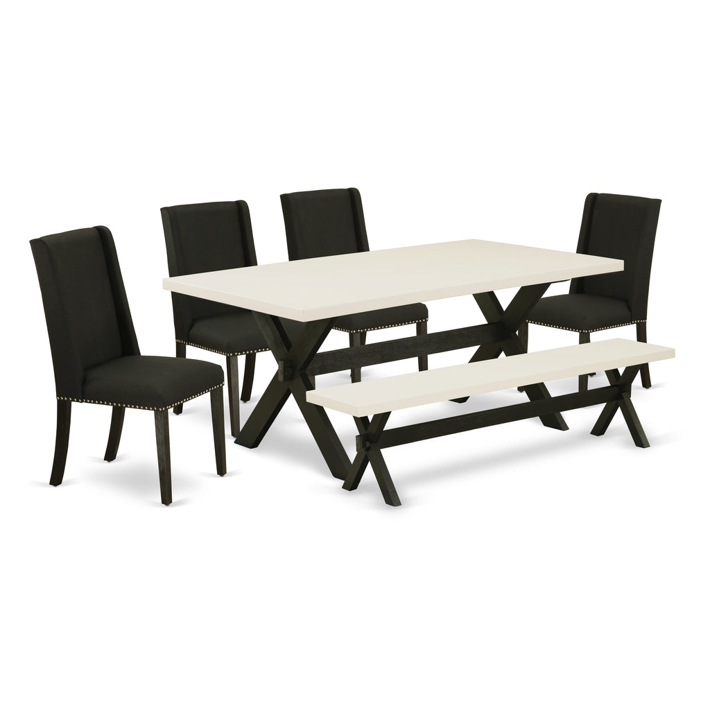 East West Furniture X627FL624-6 6 Piece Dining Room Set Contains a Rectangle Dining Table with X-Legs and 4 Black Linen Fabric Parson Chairs with a Bench