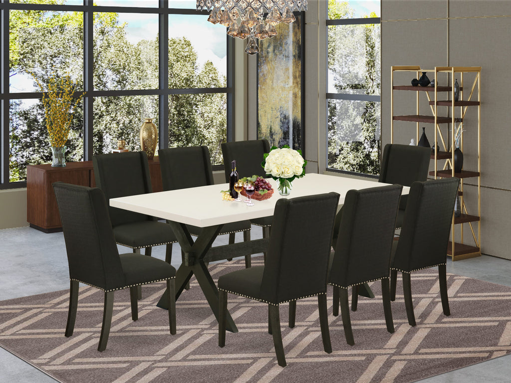 East West Furniture X627FL624-9 9 Piece Dining Room Furniture Set Includes a Rectangle Dining Table with X-Legs and 8 Black Linen Fabric Upholstered Parson Chairs