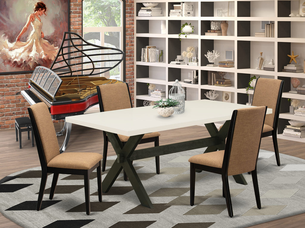 East West Furniture X627LA147-5 5 Piece Dining Set Includes a Rectangle Dining Room Table with X-Legs and 4 Light Sable Linen Fabric Upholstered Parson Chairs