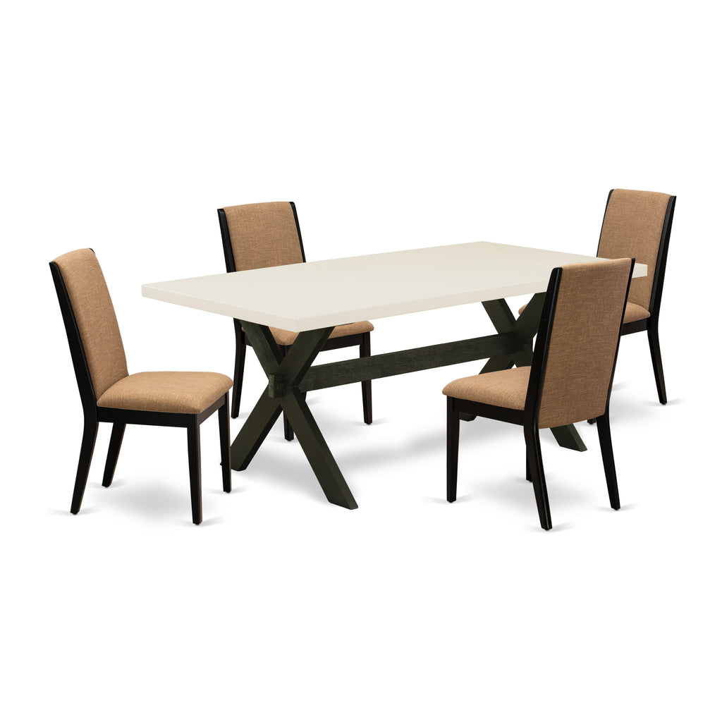 East West Furniture X627LA147-5 5 Piece Dining Set Includes a Rectangle Dining Room Table with X-Legs and 4 Light Sable Linen Fabric Upholstered Parson Chairs