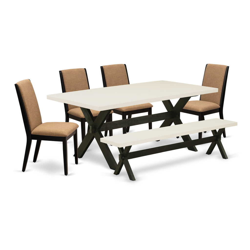 East West Furniture X627LA147-6 6 Piece Dining Set Contains a Rectangle Dining Room Table with X-Legs and 4 Light Sable Linen Fabric Parson Chairs with a Bench