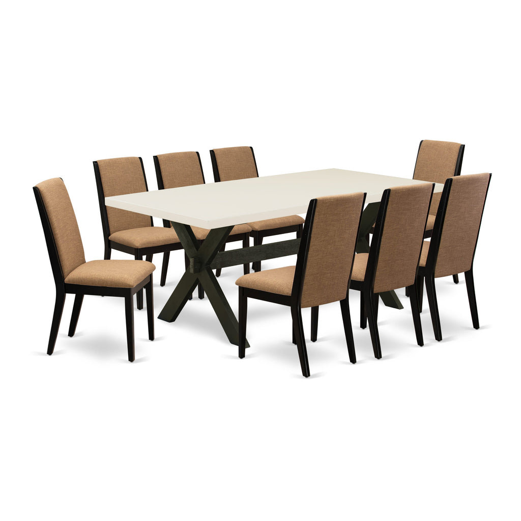 East West Furniture X627LA147-9 9 Piece Dining Table Set Includes a Rectangle Kitchen Table with X-Legs and 8 Light Sable Linen Fabric Parson Dining Room Chairs