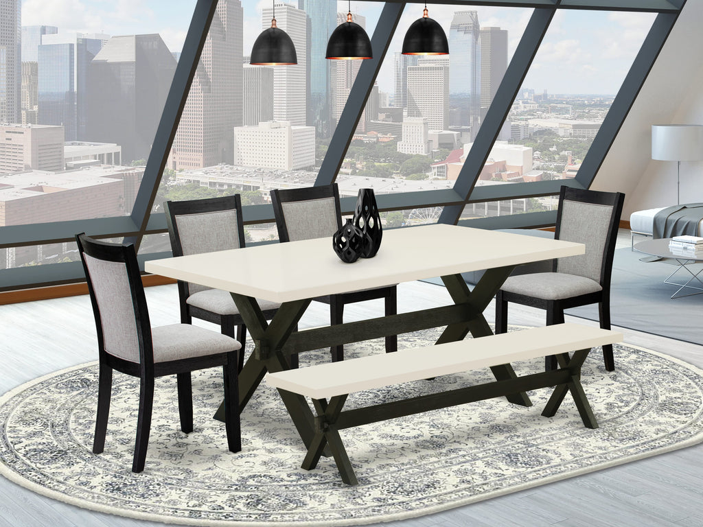 East West Furniture X627MZ606-6 6 Piece Dining Table Set Contains a Rectangle Dining Room Table with X-Legs and 4 Shitake Linen Fabric Parson Chairs with a Bench