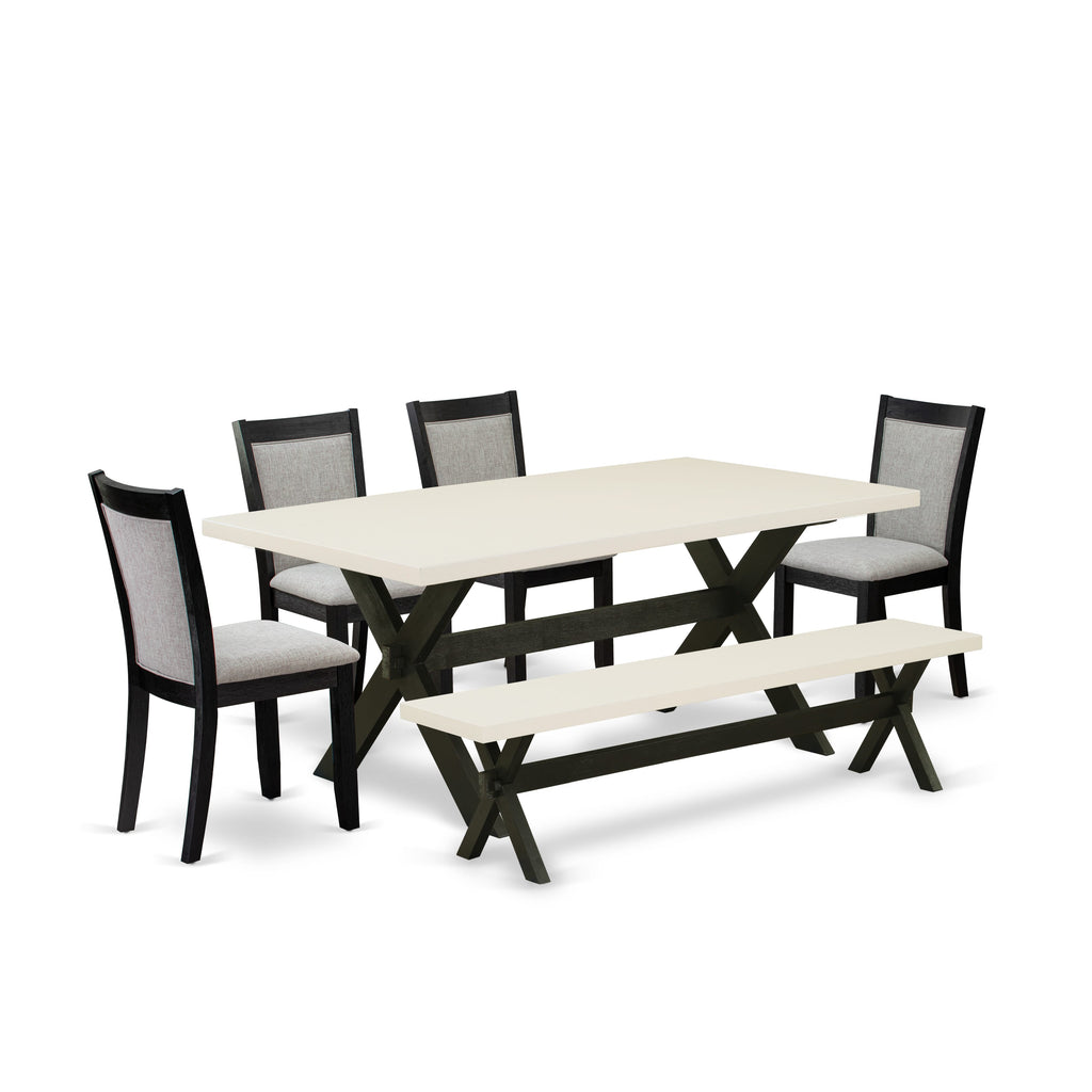 East West Furniture X627MZ606-6 6 Piece Dining Table Set Contains a Rectangle Dining Room Table with X-Legs and 4 Shitake Linen Fabric Parson Chairs with a Bench